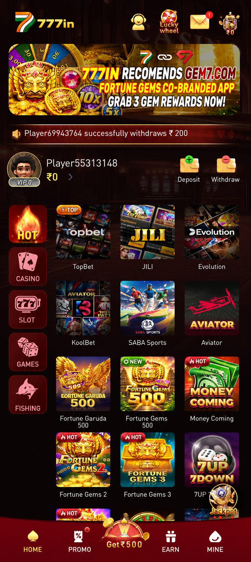 777in app screenshot — Your account, your control